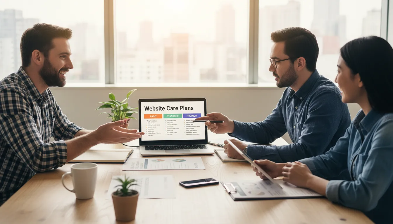 Como Manter Site Atualizado o Ano Todo (Sem Pagar Anuidade Cara) 3 Equipe apresenta pacotes de manutenção de site personalizados para empresário satisfeito