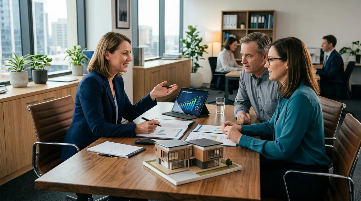 Reunião sobre avaliação de imóvel para home equity com especialista e clientes em escritório moderno.