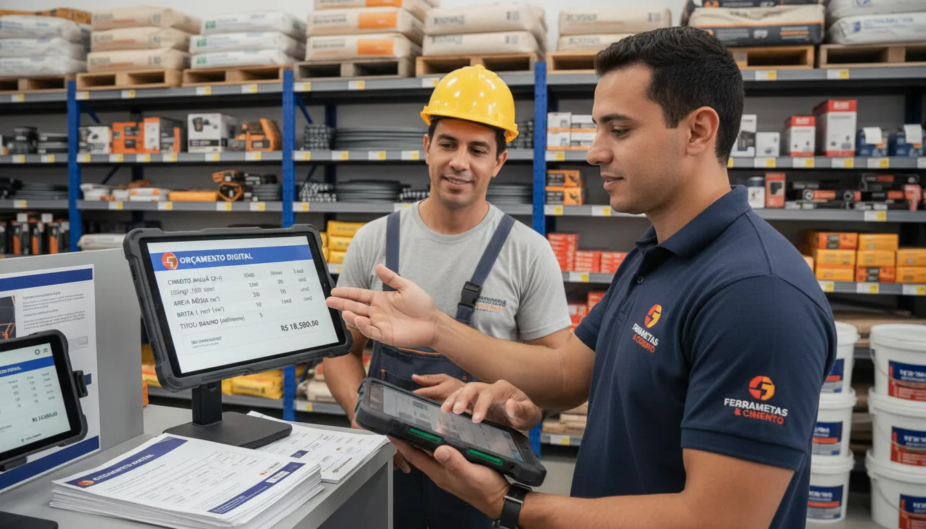 Elaboração de orçamento digital no balcão por equipe de loja de material de construção.