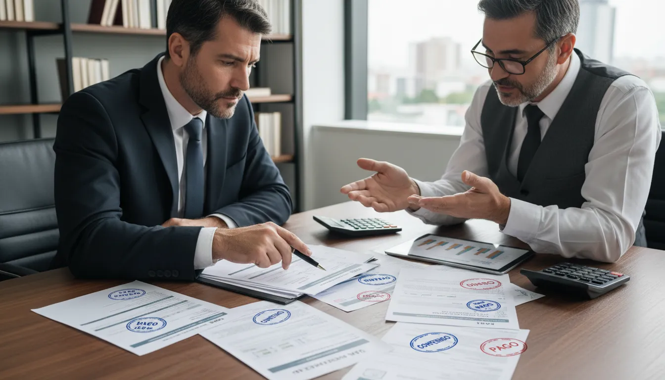 Empresário e contador revisando guias de tributos, simbolizando controle financeiro para evitar exclusão do Simples.