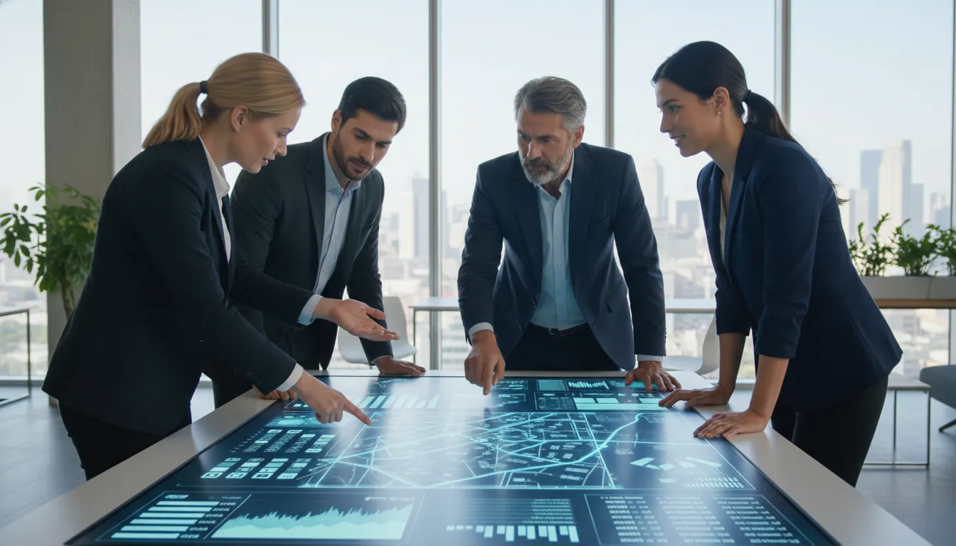 Equipe de corretores colabora com dados digitais, provando que a IA não vai substituir corretor, mas sim o apoia.