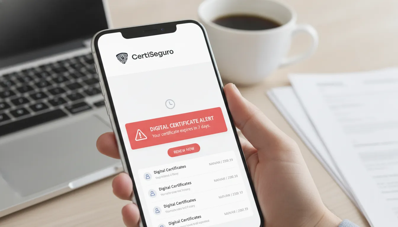 Alerta de vencimento de certificado digital em smartphone, mostrando a funcionalidade do app.