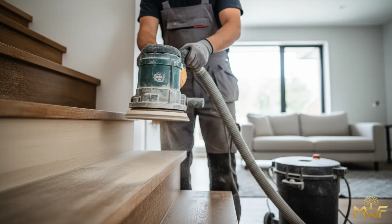 Dustless sanding in progress by one of the trusted flooring contractors near me, working on a staircase. See Mendes Wood Floor for expert services.