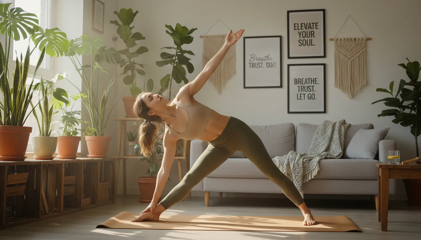 Pessoa praticando yoga na sala sob luz da manhã, simbolizando movimento e ativação do metabolismo.