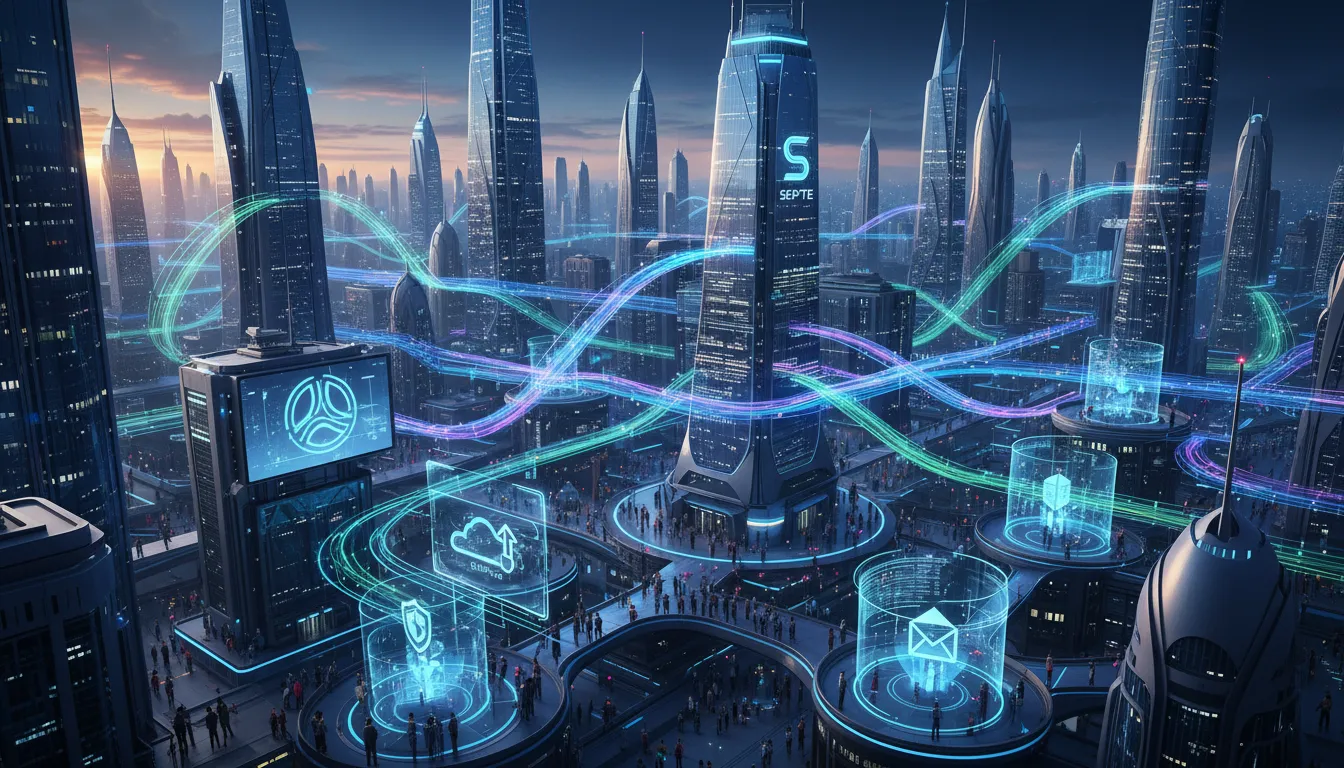 Visualização de infraestrutura de TI em nuvem com serviços de armazenamento e segurança corporativa.