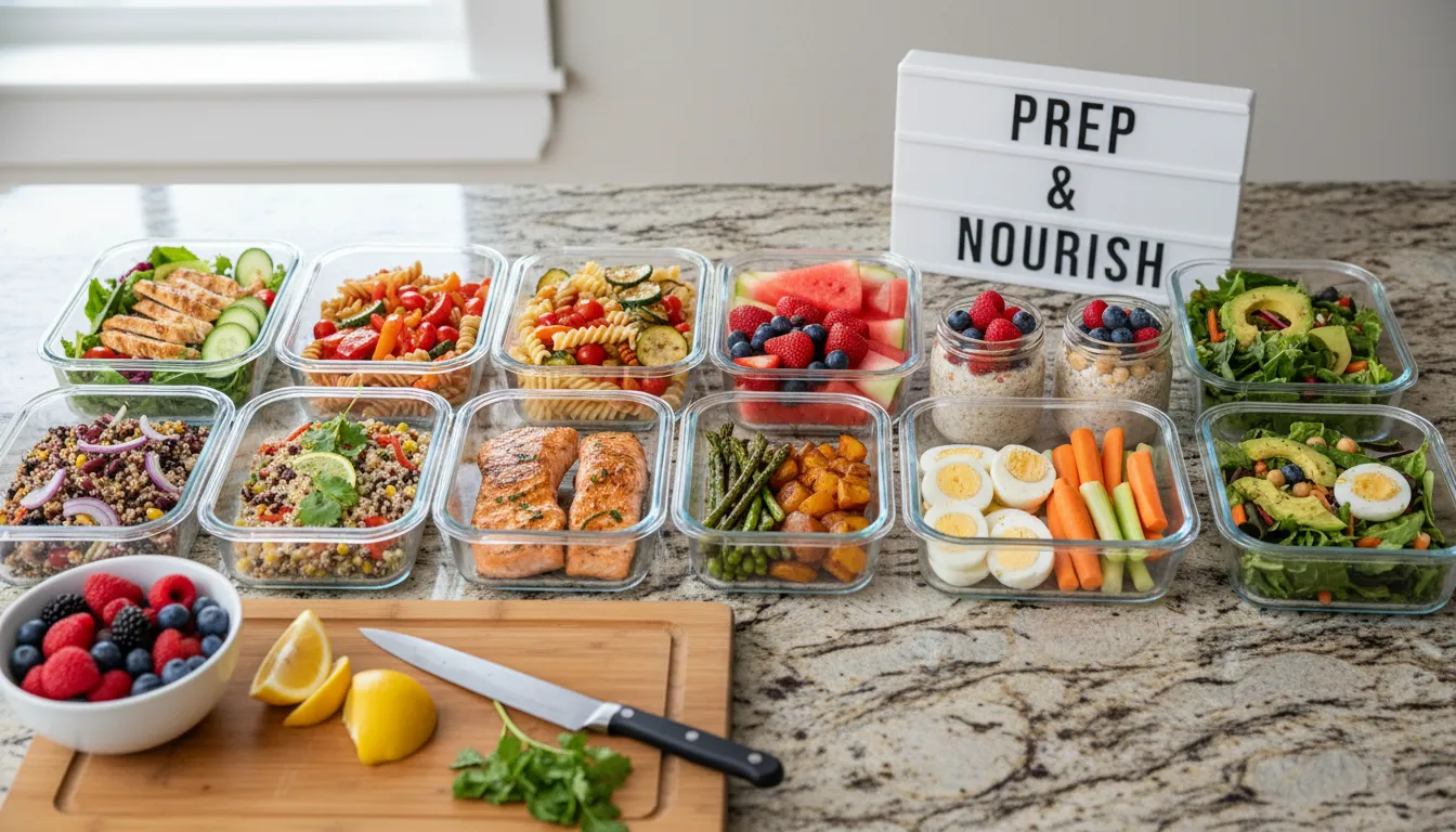 Marmitas saudáveis organizadas com refeições variadas e coloridas para a semana