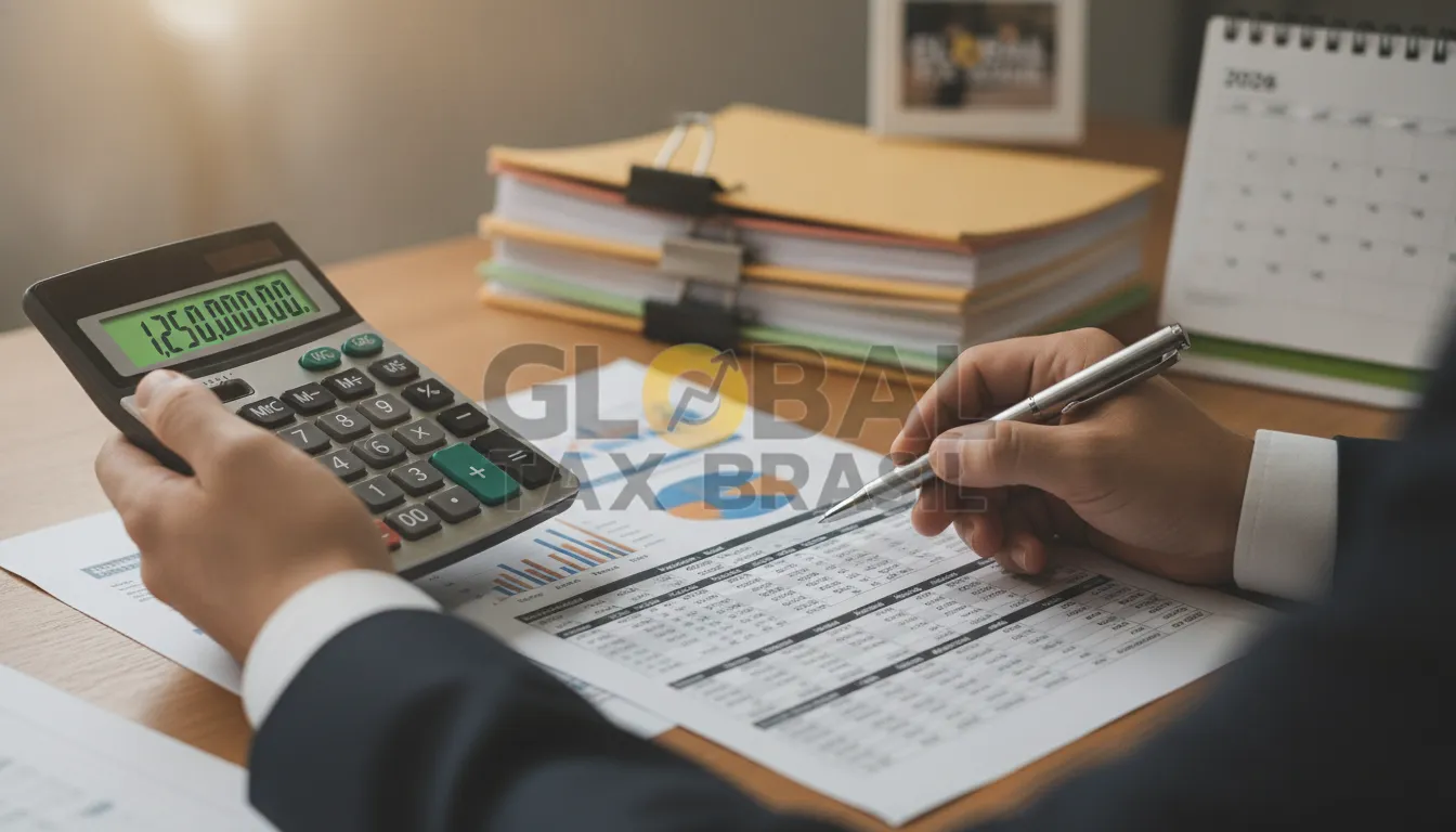 Mãos calculam otimização tributária para lucro real ou lucro presumido, focando em resultados para 2026.