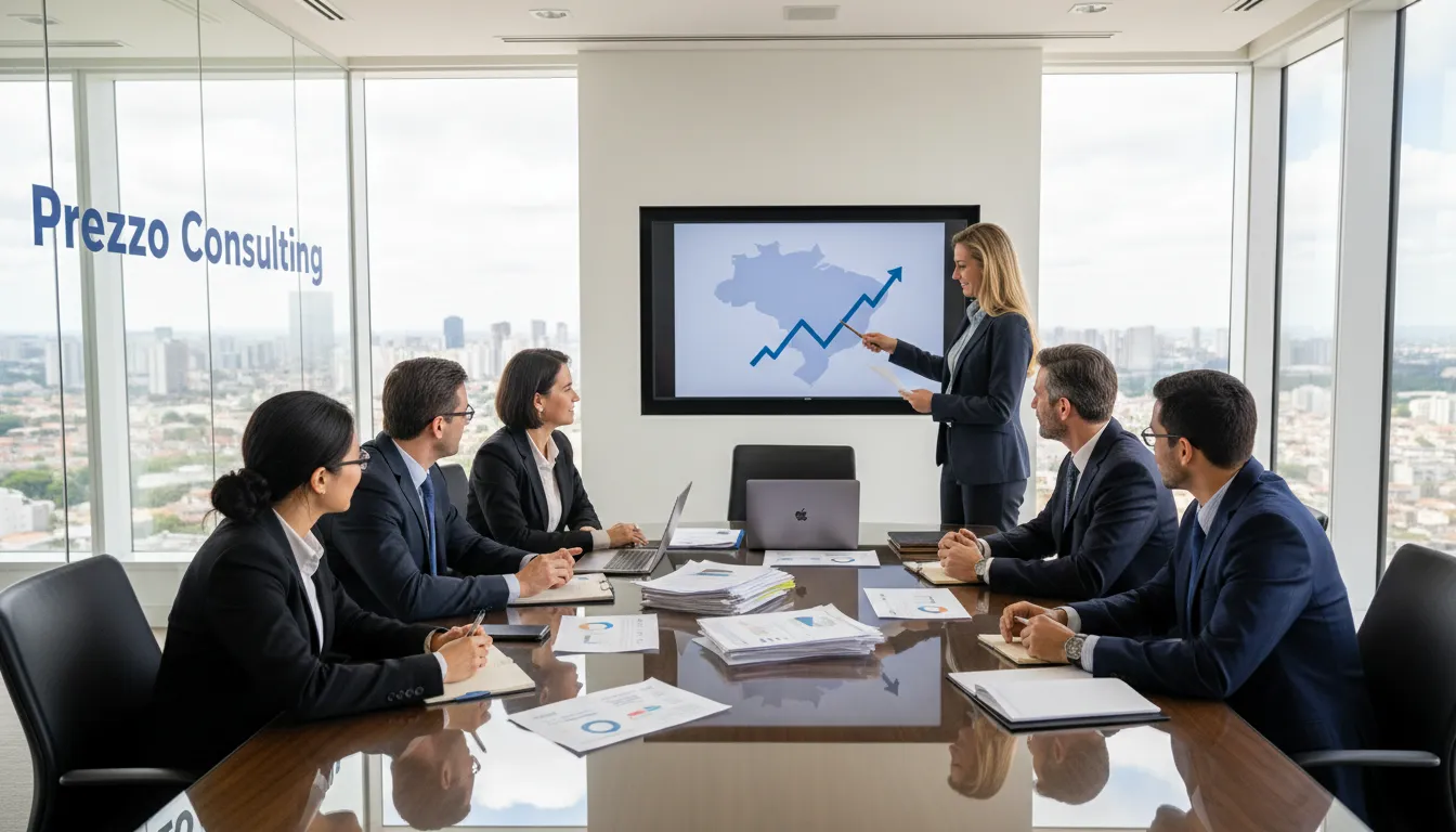 Equipe de consultores financeiros colaborando para auxiliar empresas brasileiras na abertura de LLC nos Estados Unidos com a Prezzo Consulting.