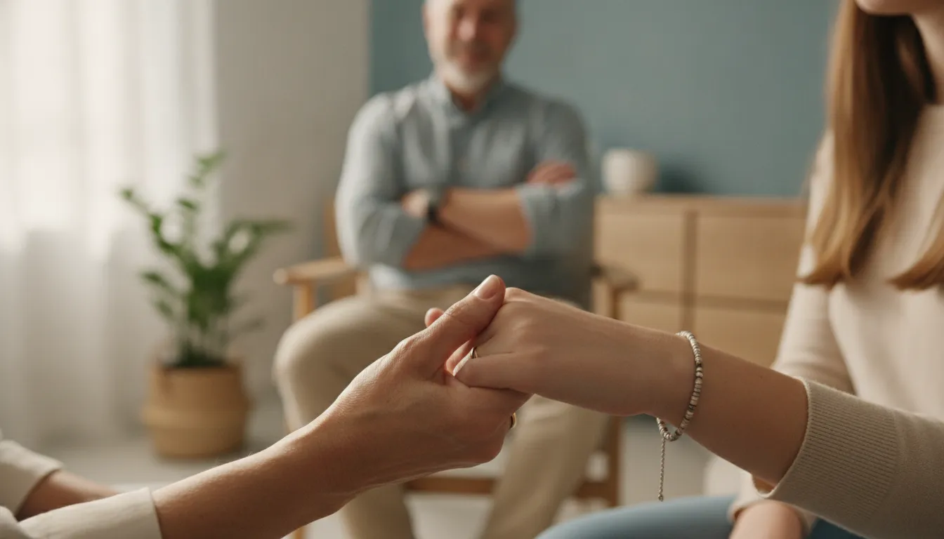 Mãos de mãe e filha unidas, simbolizando apoio e cura na terapia familiar para saúde mental e bem-estar.