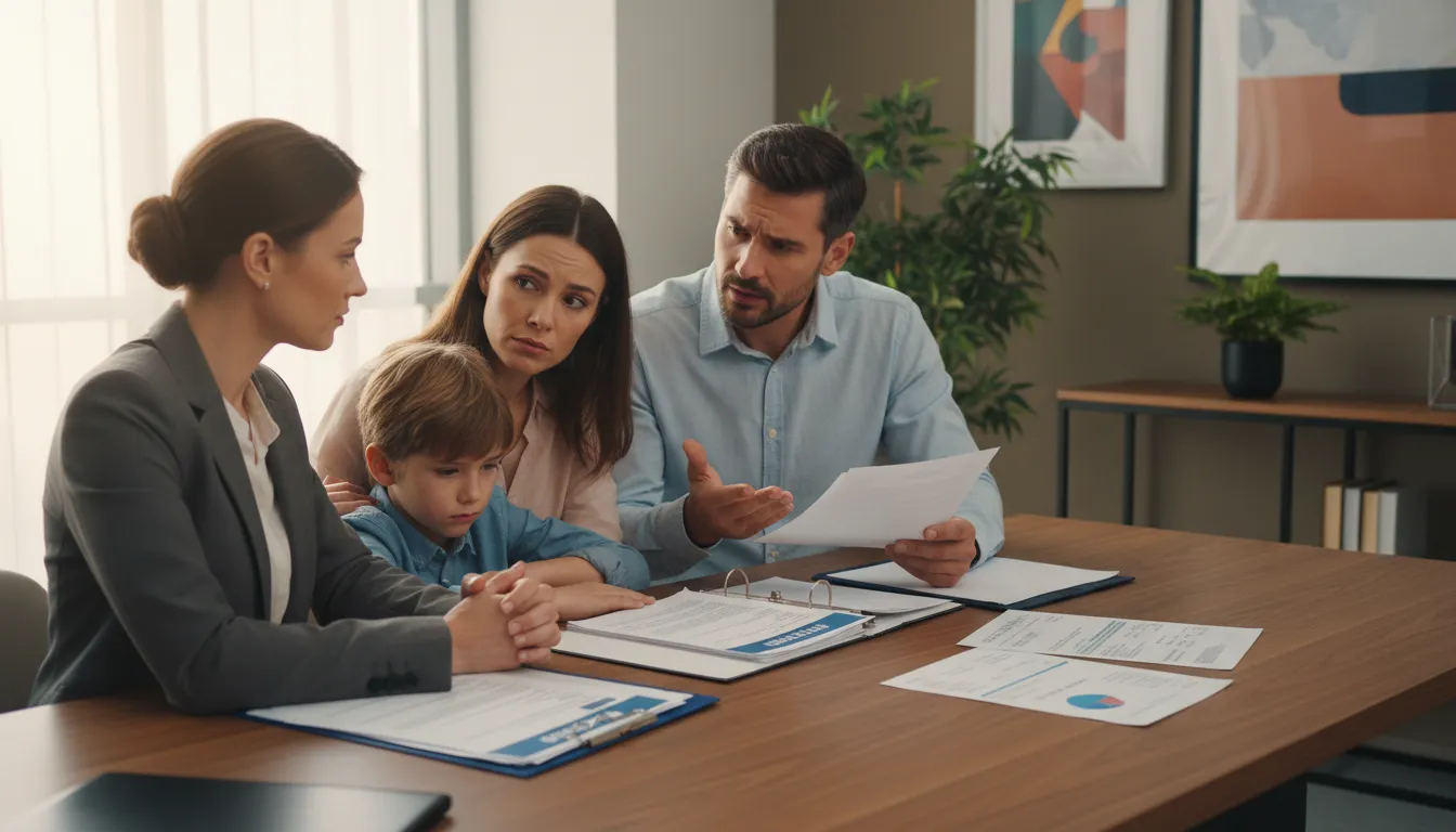 Família preocupada sendo ouvida por um advogado especialista em casos contra planos de saúde, transmitindo empatia e atenção.