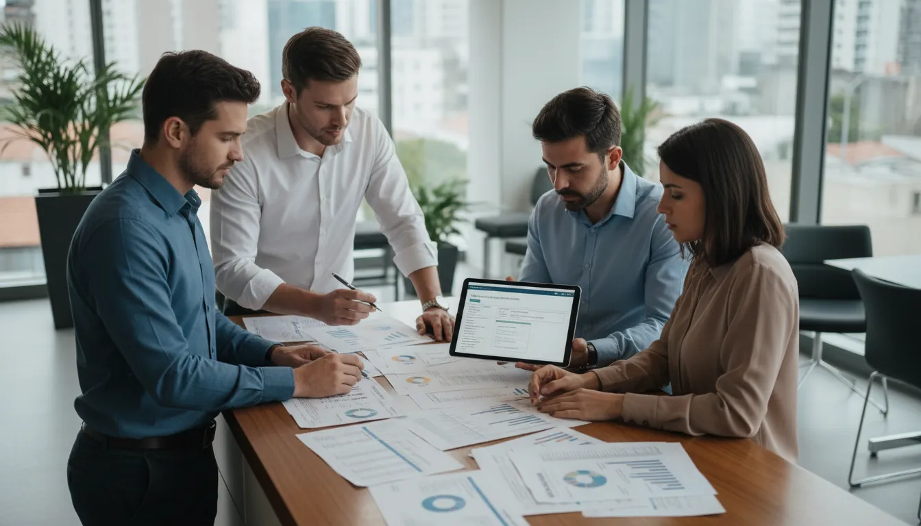 Equipe reunida em volta do caixa analisando relatórios financeiros e tela de sistema ERP