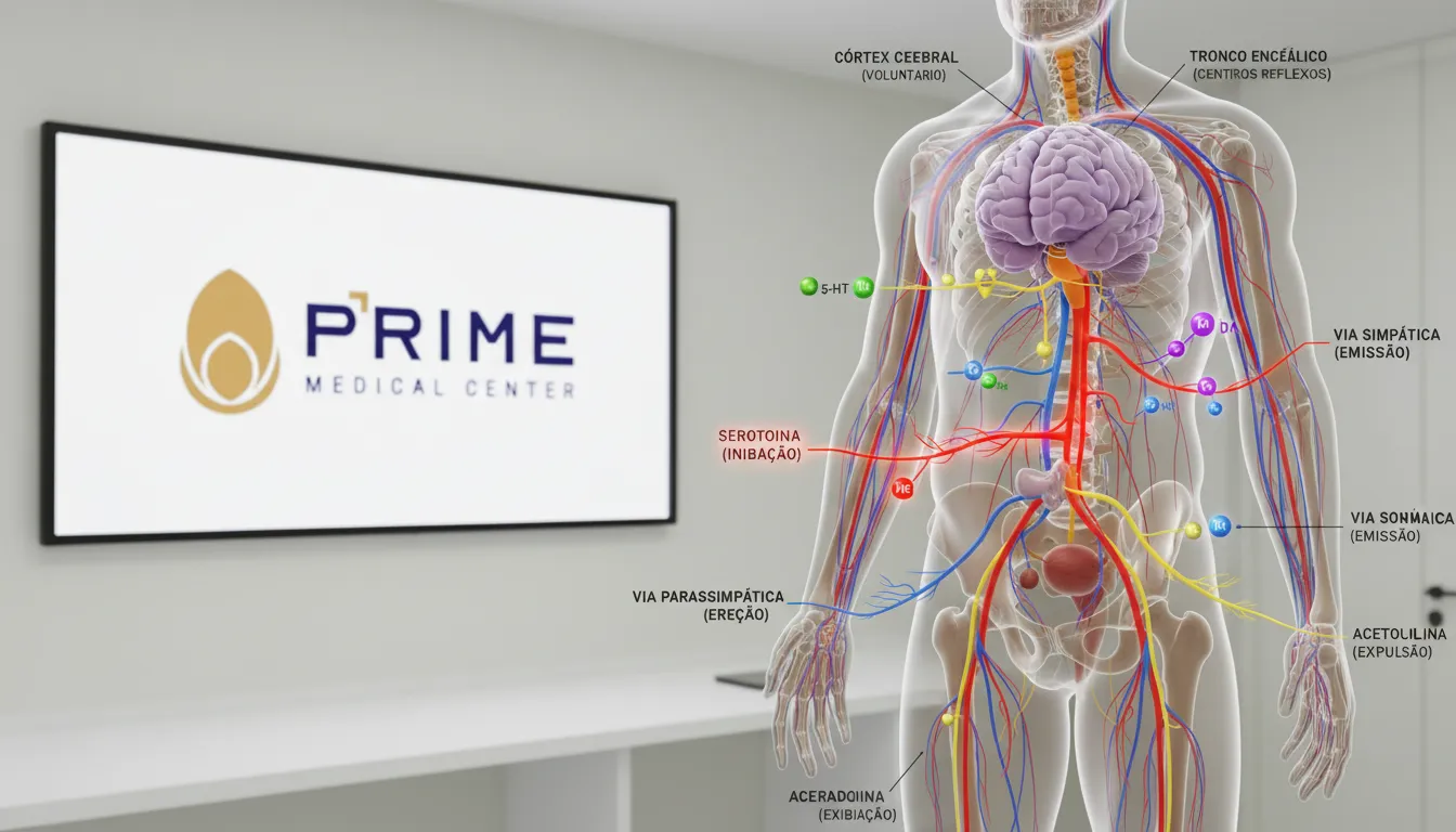 Ilustração médica detalhada das vias neurais envolvidas na ejaculação precoce causas e seus neurotransmissores.