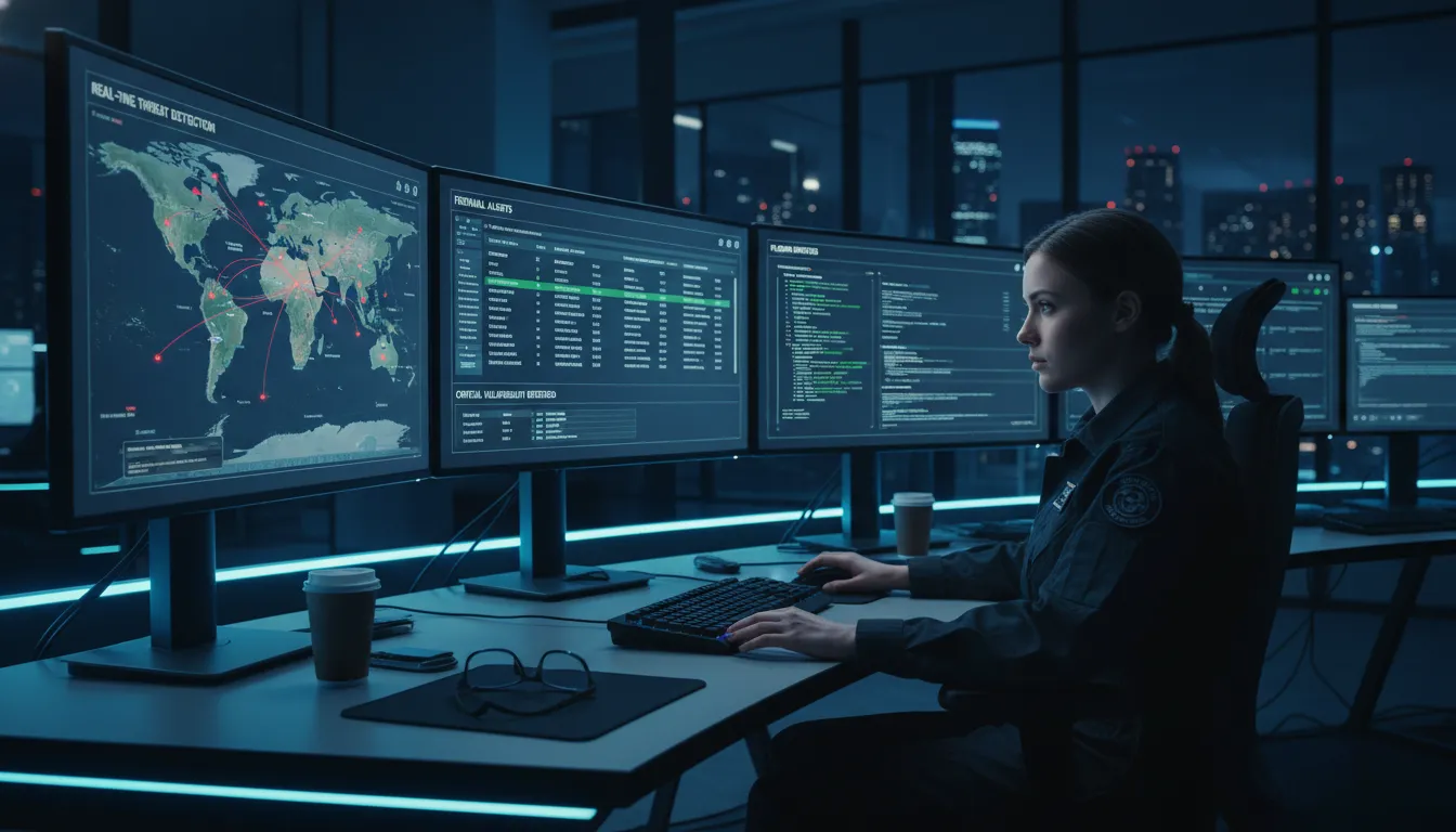 Site Seguro em 2026: SSL, Backups e Proteção Contra Ataques 2 Analista de segurança em centro de operações tecnológico monitorando ameaças, firewalls e atualizações de plugins.