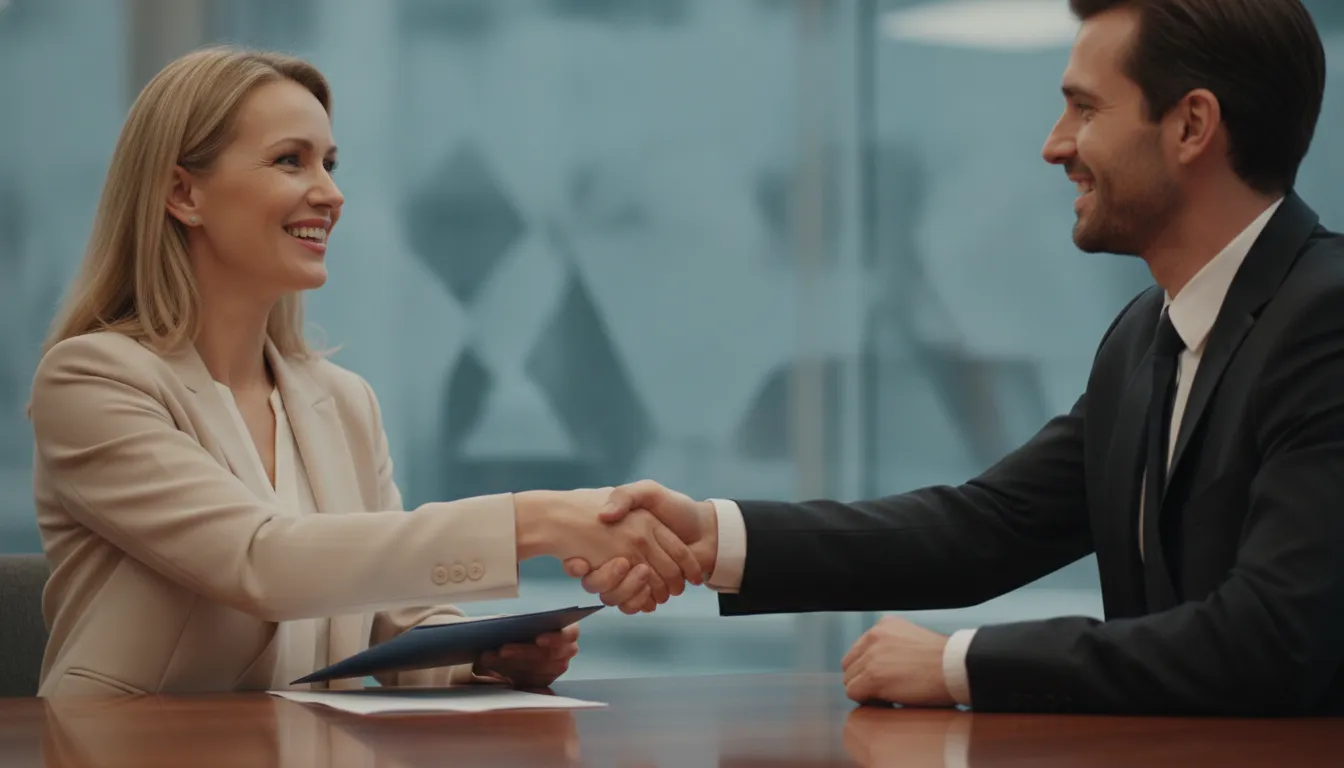 Cliente satisfeita apertando mão de correspondente após aprovação de crédito, gerando renda extra para correspondentes bancários.