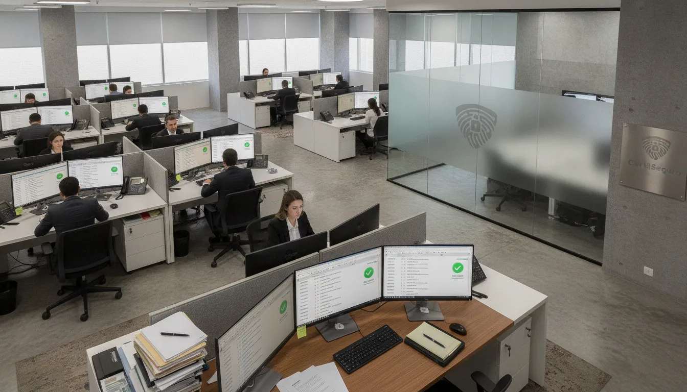 Escritório contábil moderno com múltiplos usuários realizando assinatura em lote com certificado digital via CertiSeguro.