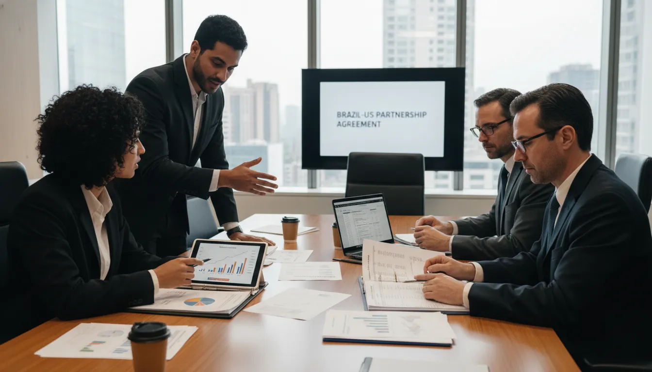 Empreendedores brasileiros em reunião com contadores americanos, documentos fiscais e gráficos no ambiente.