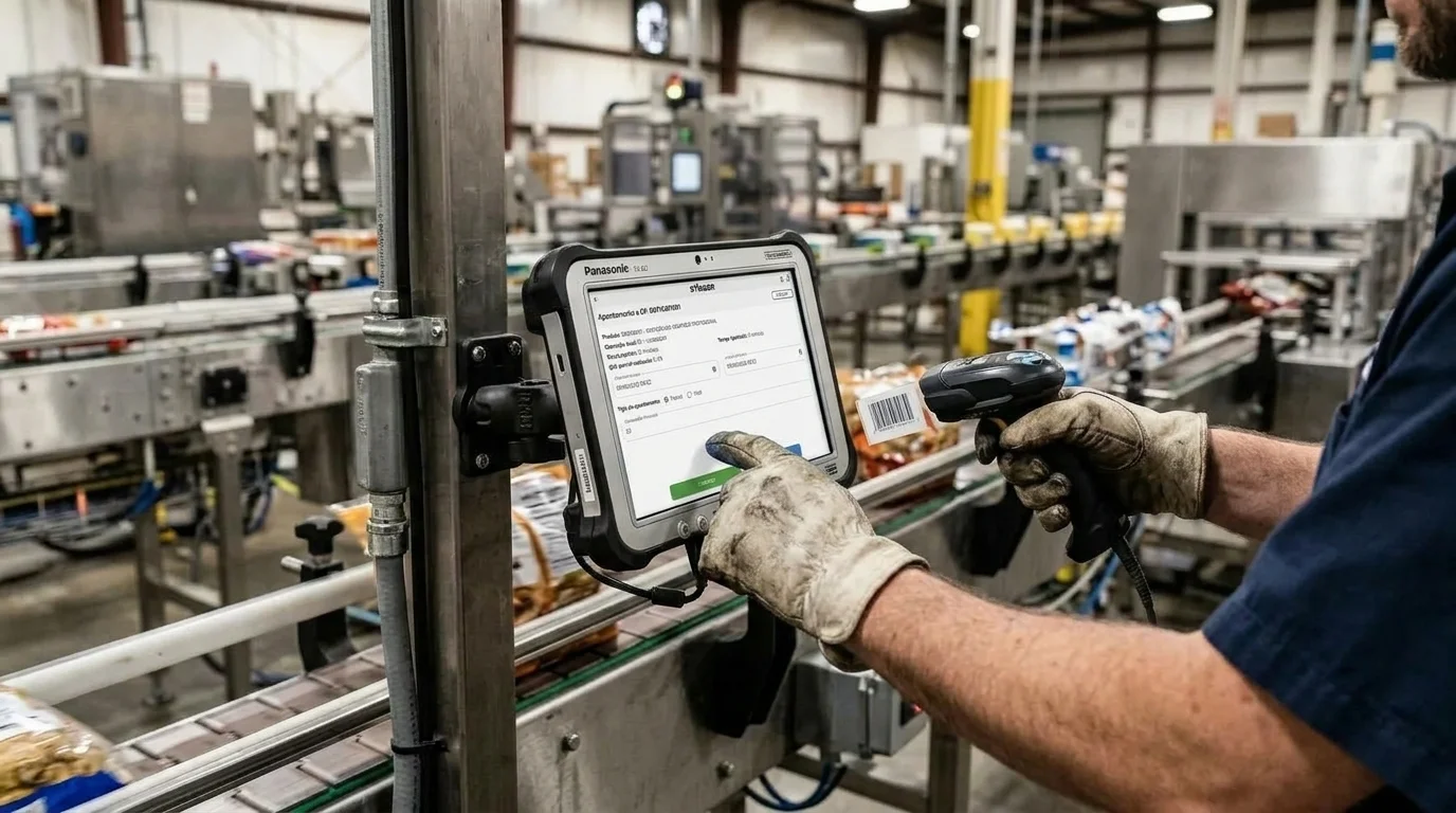 Operador realizando apontamento de produção com sistema MES em linha industrial.
