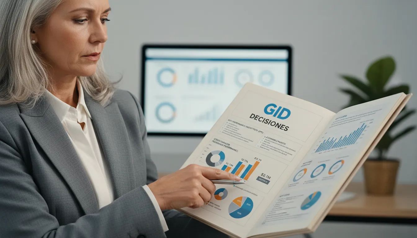 Primer plano de ejecutivo revisando informes agencia marketing GID, enfatizando KPIs y la toma de decisiones basada en datos.