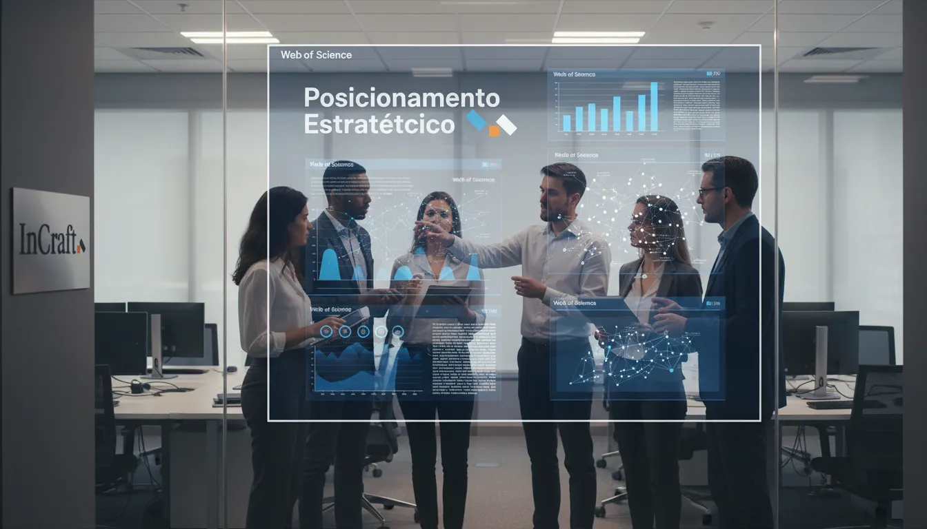 Pesquisadores colaboram, analisando dados científicos do site Web of Science projetados em tela digital grande.