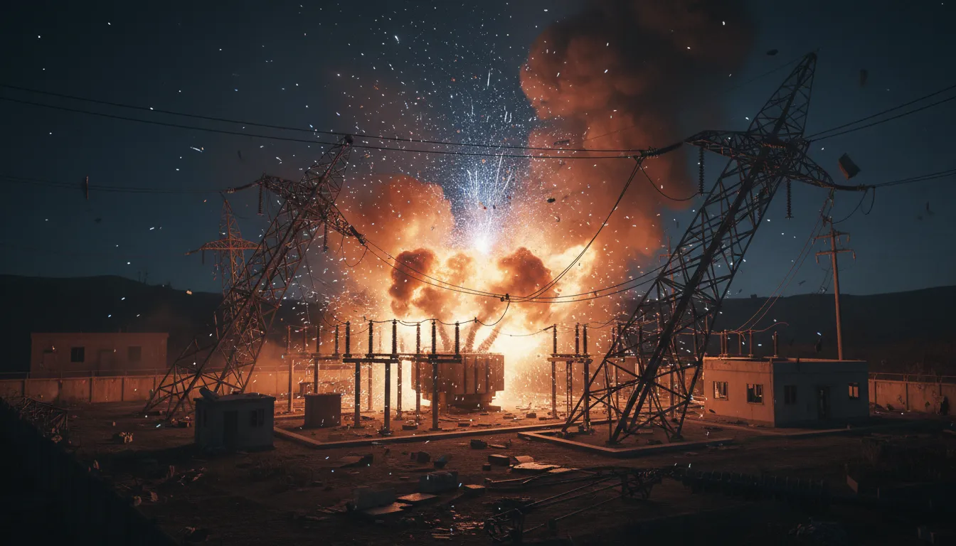Devastating russia ukraine drone attacks on a power grid, transformers exploding, sparks flying.