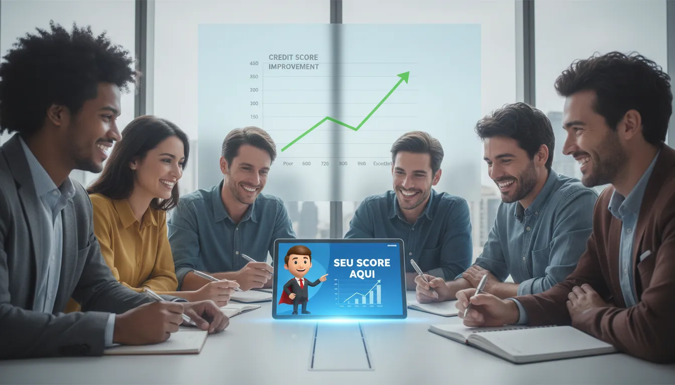 Grupo diverso planejando o futuro financeiro com a ajuda da Financia Tudo, visualizando a consulta de score gratuita e seu impacto positivo.