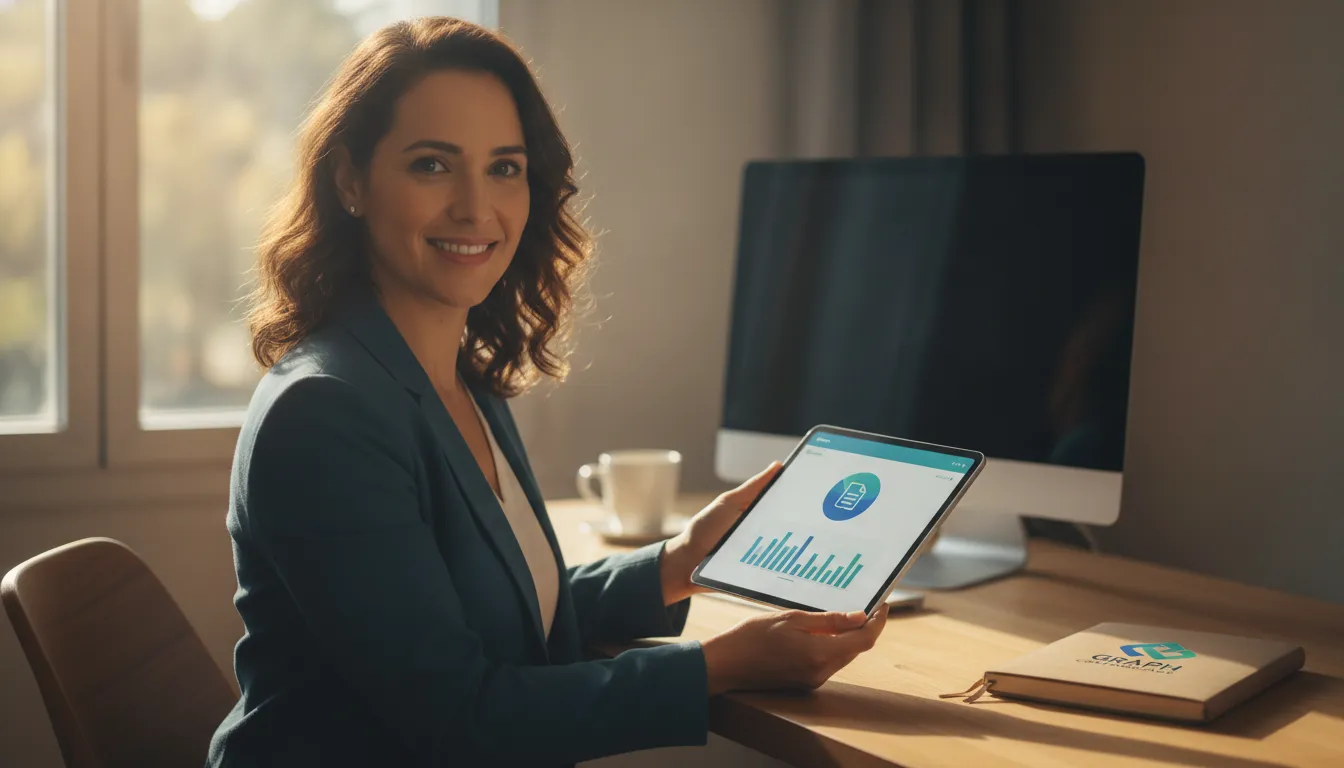 Empreendedor confiante com tablet exibindo dados de vendas e nota fiscal Shopee, simplificando contabilidade.
