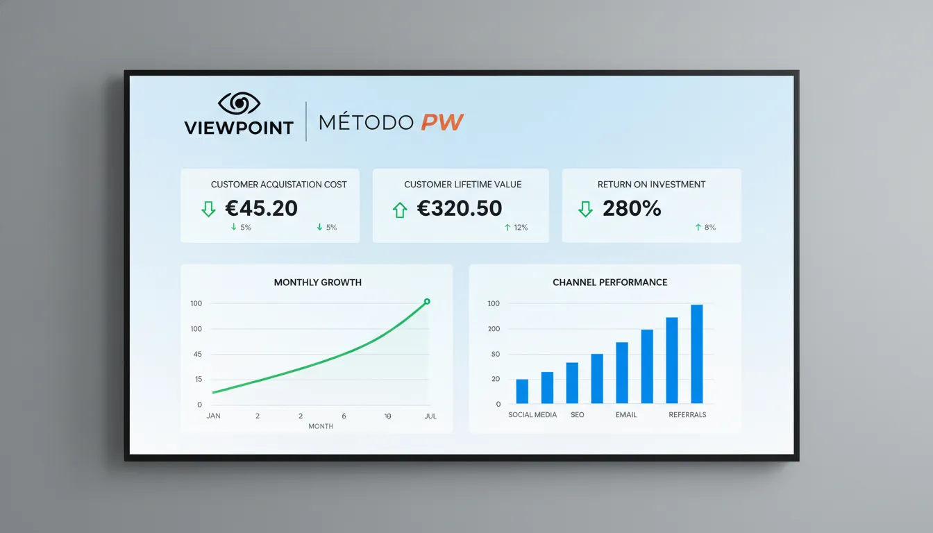 Dashboard sofisticado mostrando as principais métricas de marketing b2b do 'Método PW' para um negócio de bem-estar, com a marca Viewpoint.