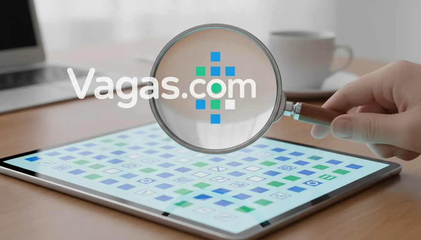 Lupa sobre documento digital com palavras chave vagas.com, representando a busca focada por candidatos ideais e a otimização do processo.