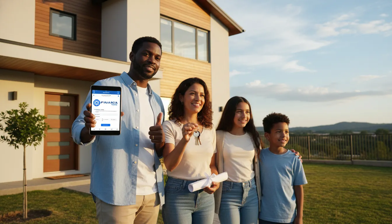 Família feliz em frente à nova casa, celebrando objetivos alcançados após a bem-sucedida liberação de crédito após aprovação.