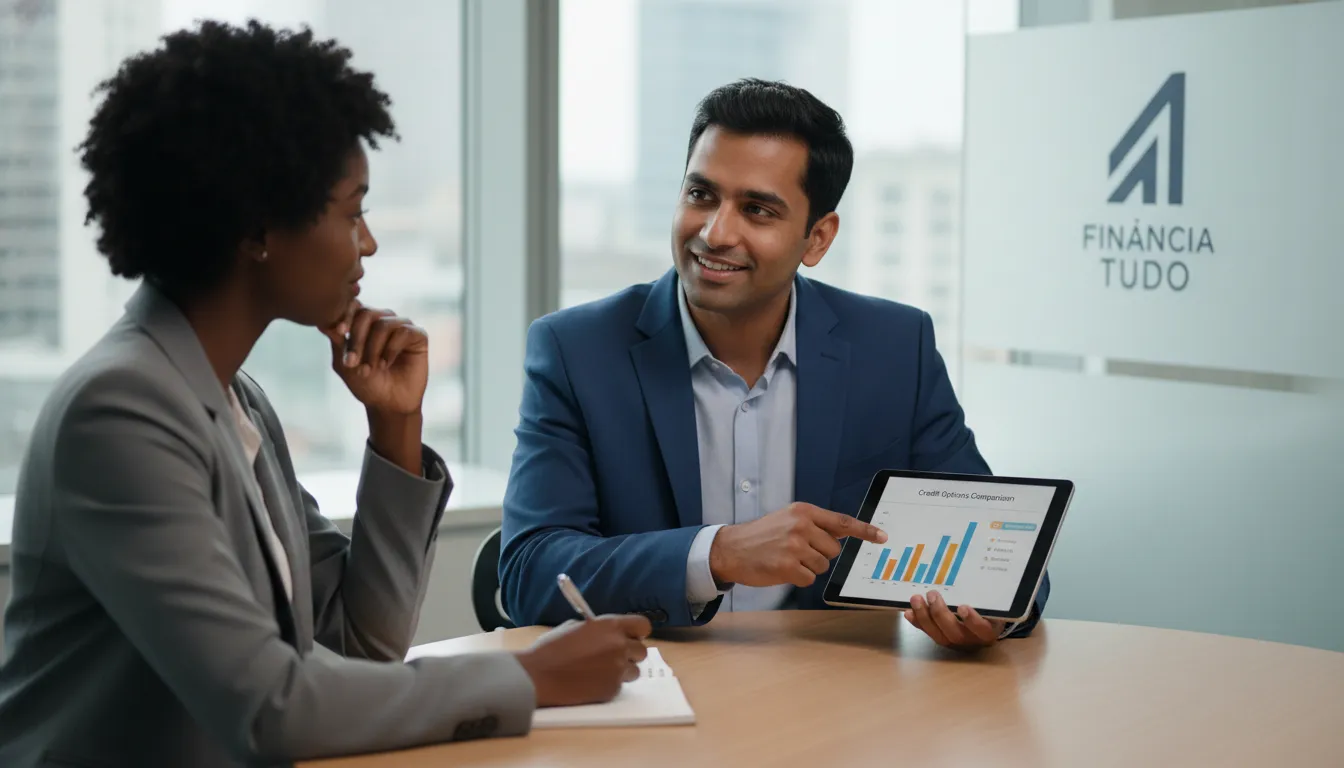 Consultor financeiro orienta cliente sobre como melhorar a saúde financeira com soluções personalizadas.