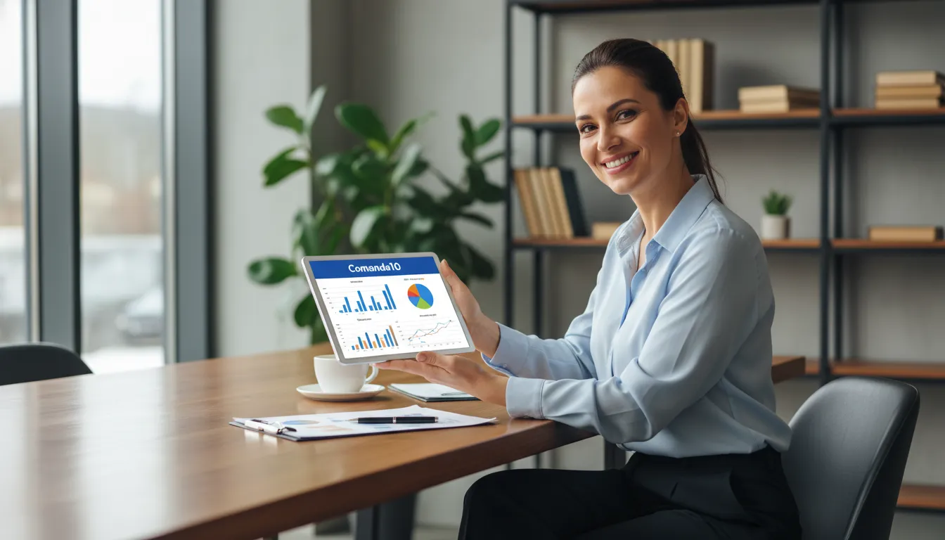Um empresário sorrindo satisfeito ao analisar os relatórios de fluxo de caixa no tablet com o software Comanda10 da ASP Softwares, em um escritório moderno.