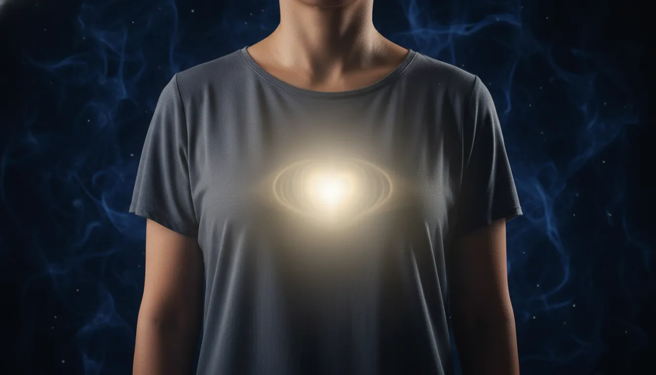 Luz sutil no peito, simbolizando bem-estar emocional e vitalidade. Cuidar da saúde mental é essencial. Terapia online ajuda.