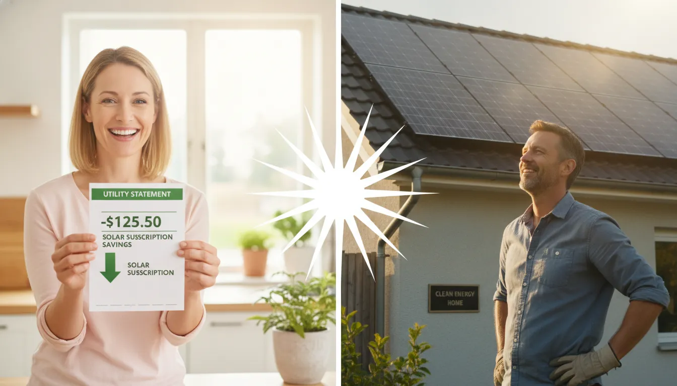 Duas cenas: economia energia solar por assinatura e orgulho instalação própria painéis.