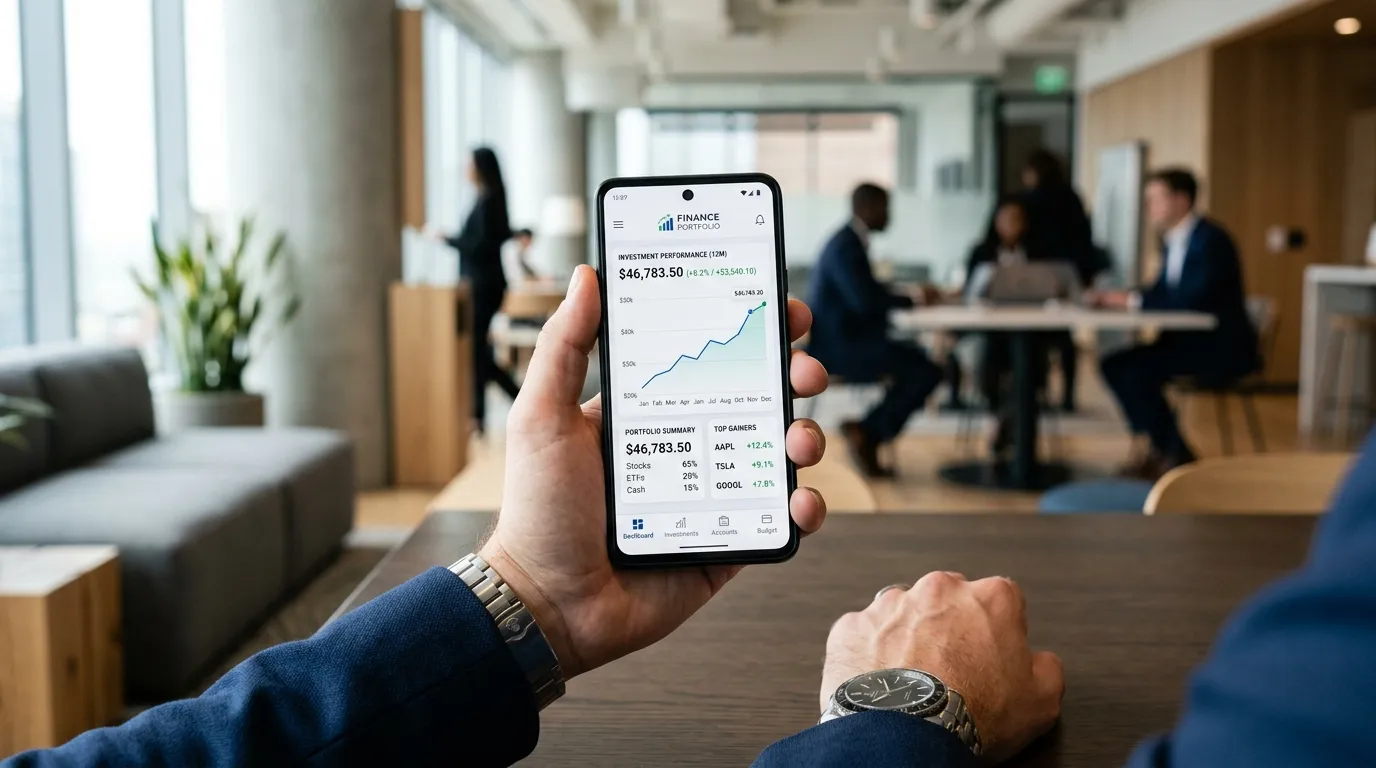 Celular exibindo aplicativo financeiro para gestão de fluxo de caixa em ambiente corporativo.