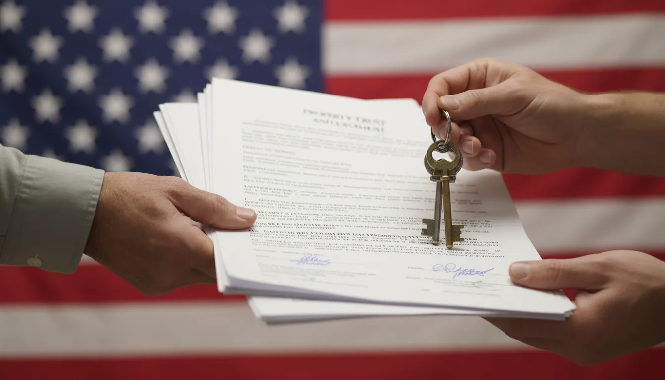 Mãos trocando documentos e chaves com bandeira dos EUA ao fundo, representando sucessão patrimonial