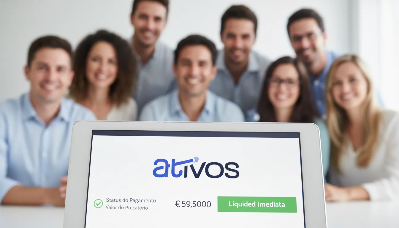 Interface digital 'Ativos' mostra status de pagamento do que é precatório federal e liquidez imediata.
