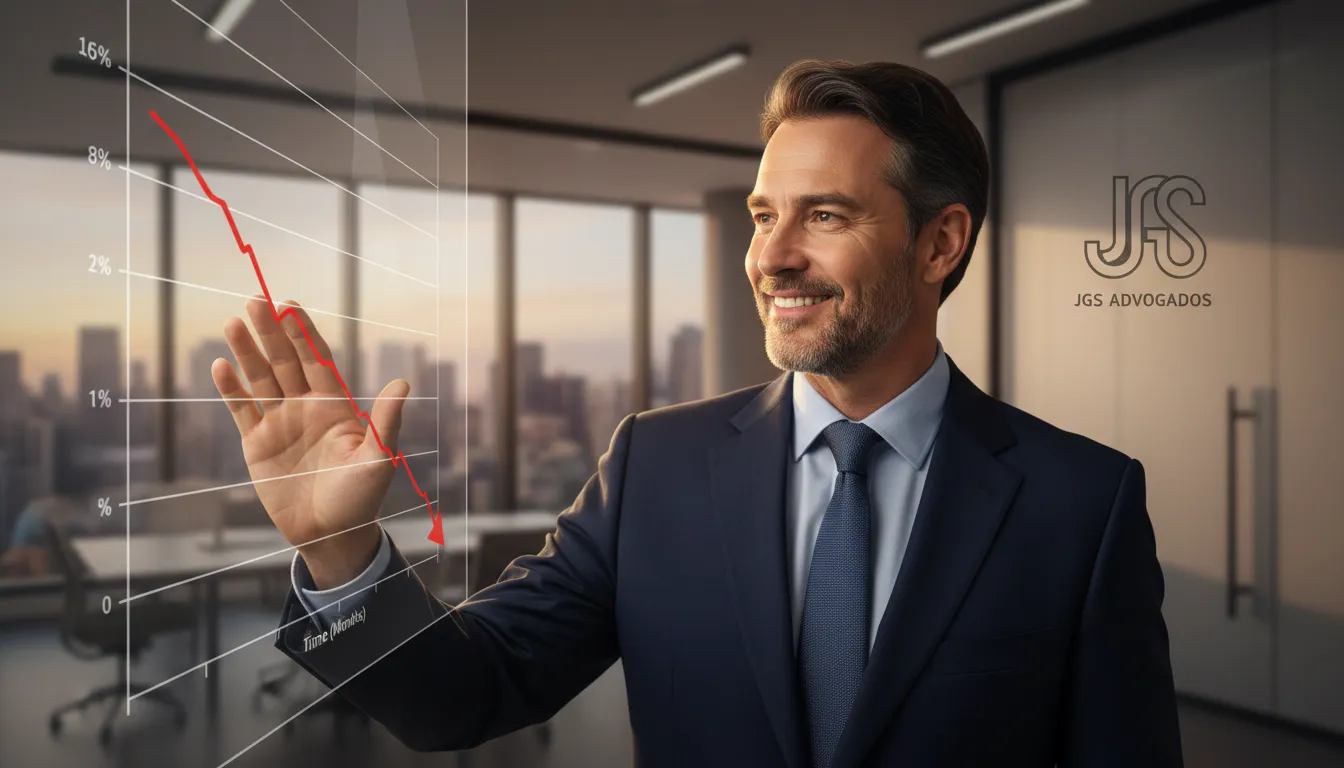 Gráfico de queda de juros, representando o alívio financeiro após ação contra juros abusivos empresa, com apoio da JGS Advogados.