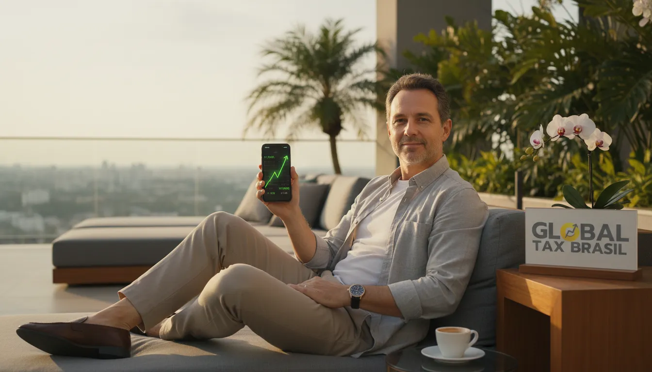 Pessoa feliz desfrutando de tranquilidade financeira com seus investimentos no Brasil morando no exterior, em ambiente sereno.