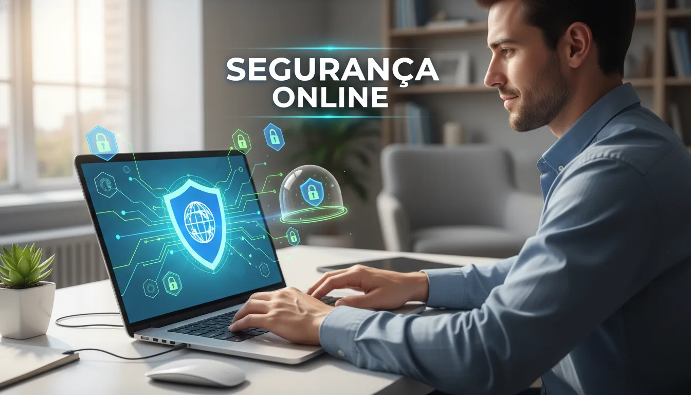Pessoa usando o laptop com segurança, destacando a privacidade online e proteção de dados.