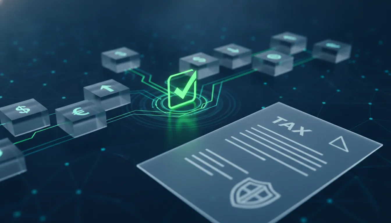 Interface blockchain com dados e selo 'Relief Granted' em formulário fiscal, simbolizando crypto tax reporting relief.