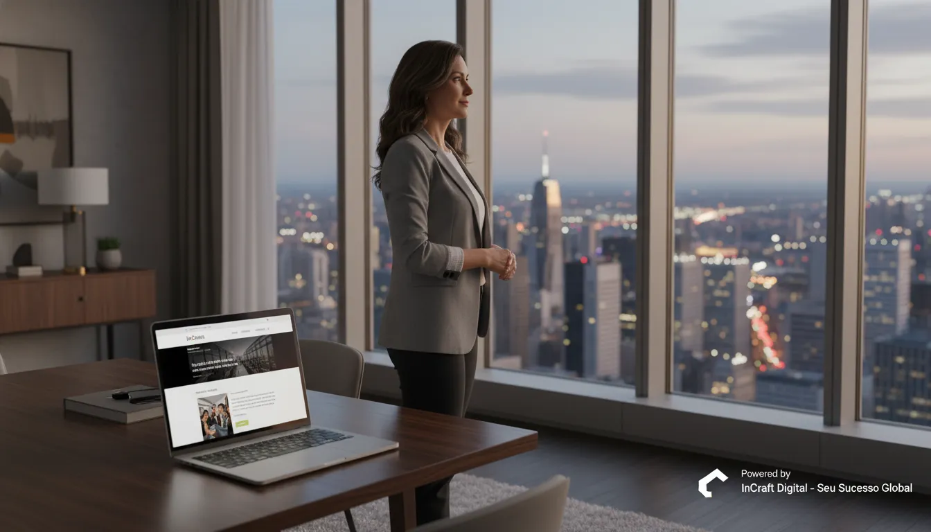 Líder empresarial visualiza o sucesso global alcançado através da criação de sites estratégicos de alta conversão para seu negócio.