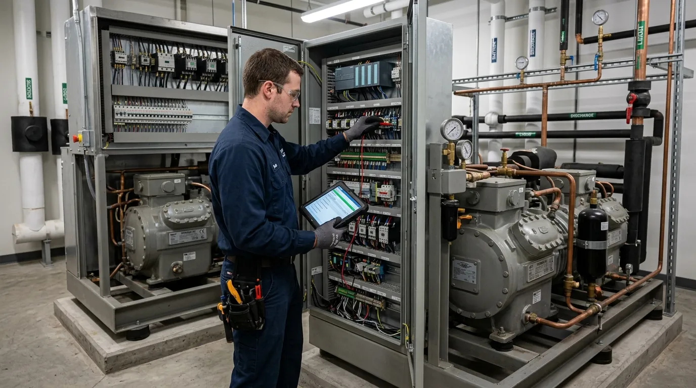 Engenheiro realiza inspeção para manutenção preventiva refrigeração comercial.