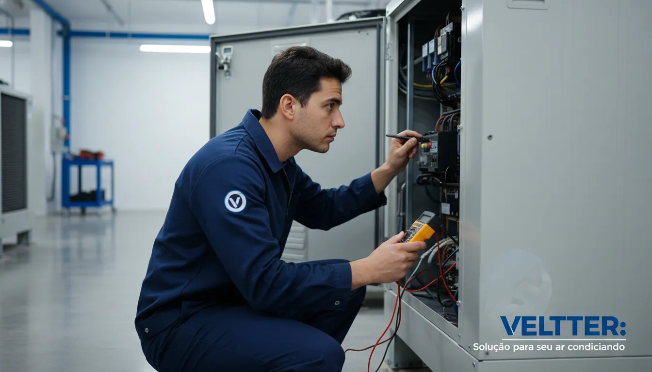 Técnico da Veltter inspecionando um ar condicionado, oferecendo solução profissional para barulho e problemas de desempenho.