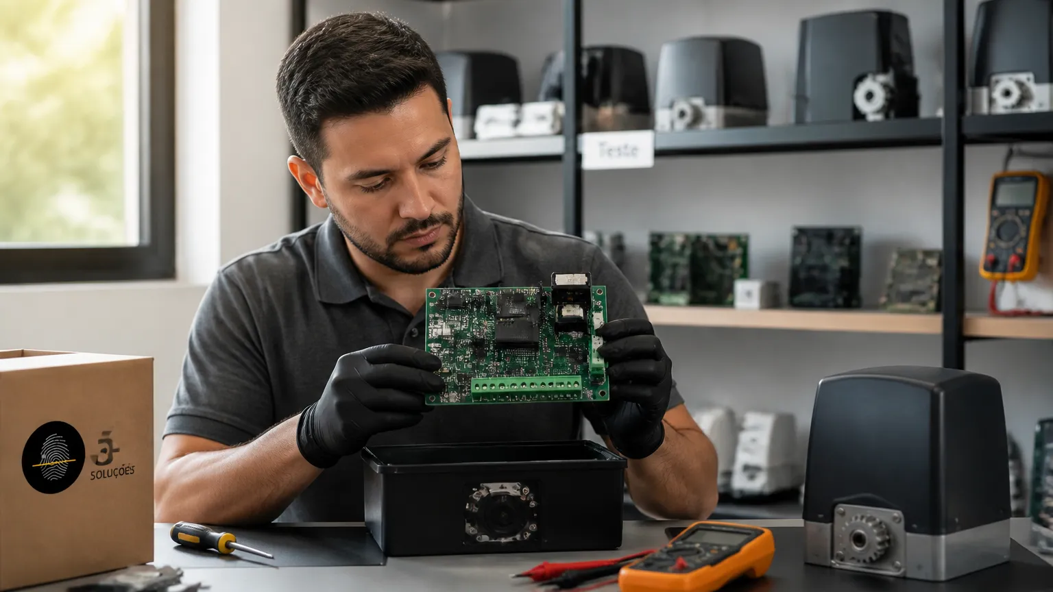 Técnico segurando placa para motor de portão em Fortaleza durante revisão e teste eletrônico.