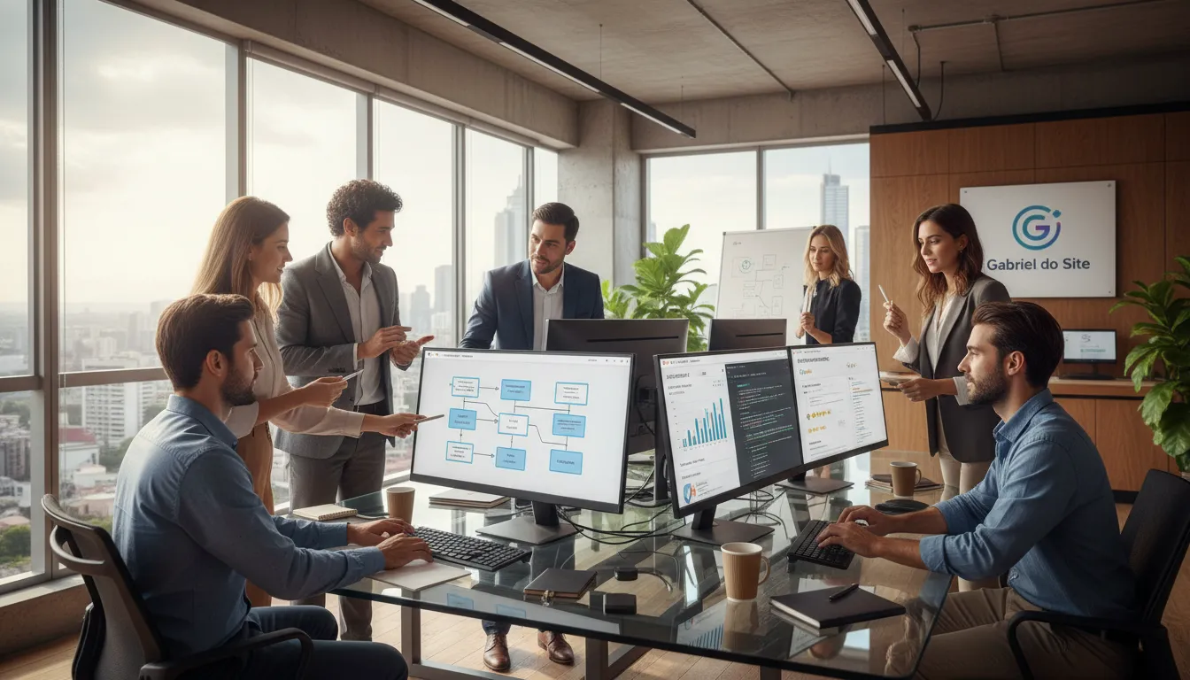 SEO Local BH 2026: Como Dominar Buscas na Sua Cidade 2 Equipe digital em BH trabalhando em sites WordPress com gráficos SEO e avaliações online visíveis