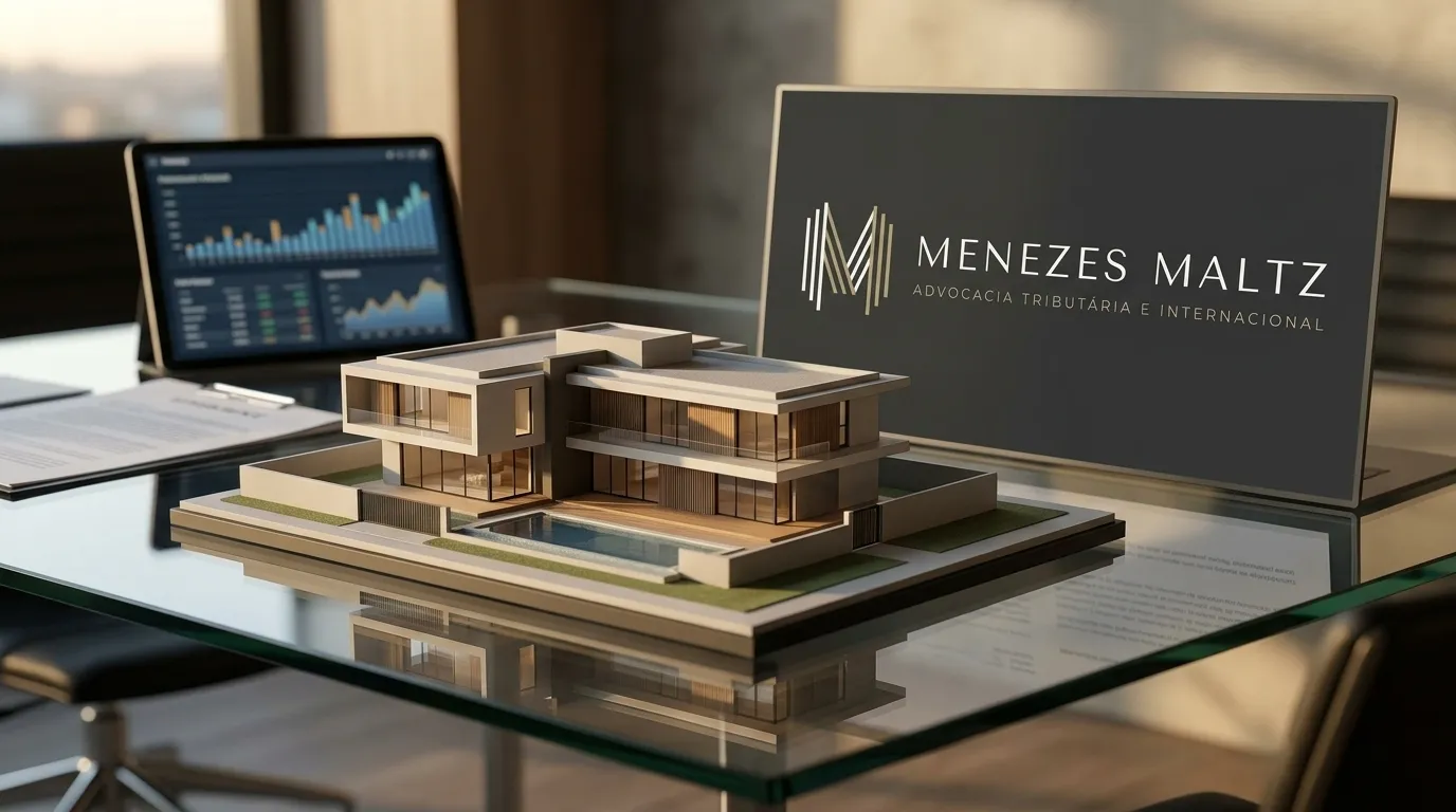 Maquete de bens residenciais representando estrutura de holding familiar e blindagem.