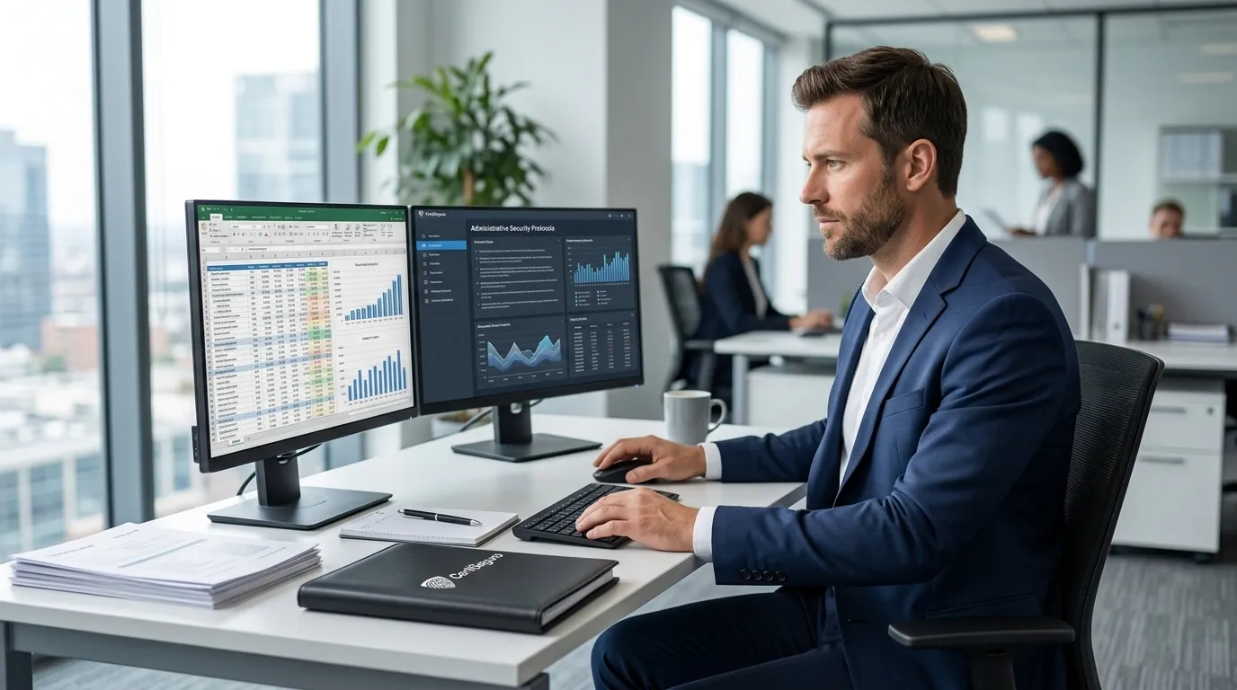 Profissional de contabilidade analisando seguranca do certificado digital empresa de cliente.