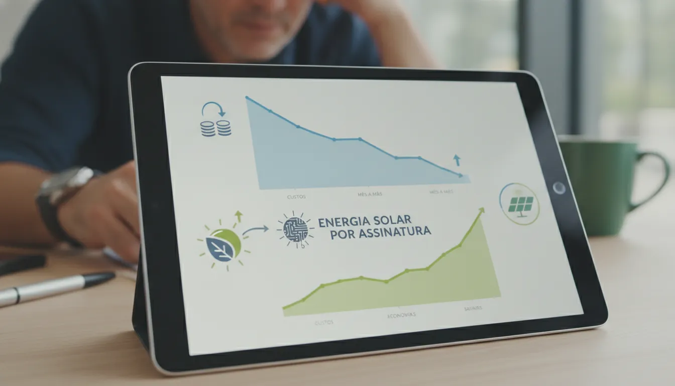 Dashboard digital mostra economia com energia solar assinatura empresa, gráfico de custos decrescendo.