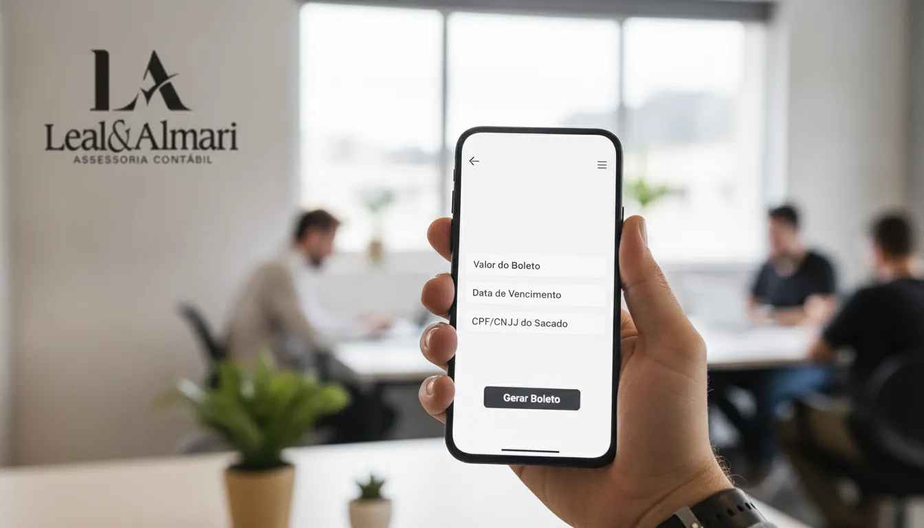 Tela de celular mostrando interface para emitir boleto como PJ, com campos de preenchimento.