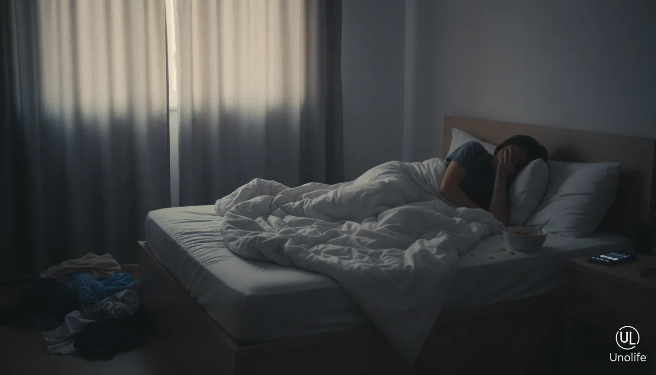 Imagem que ilustra a dificuldade de sair da cama, um sintoma comum da depressão. Unolife oferece ajuda profissional.